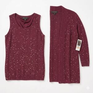 NWT Jones New York 3X Sequin Knit Twin Set Sparkle Cardigan & Tank Berry Red